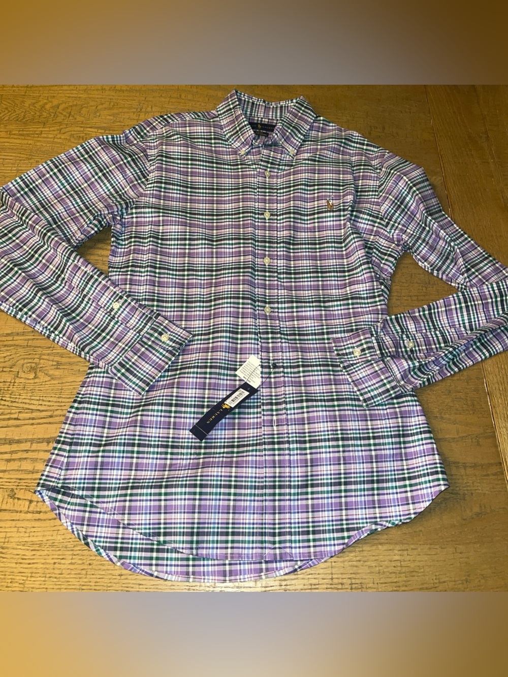 Ralph Lauren Cotton Button-Up Shirt Long Sleeve Green Purple Blue White Plaid M